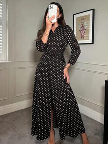 SHEIN Clasi 女款溫柔波點印花長袖度假洋裝 - 黑與白 - 查看 8