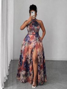 Reflora Plus Size Floral Print Sexy Front Slit Dress - Brown - View 1