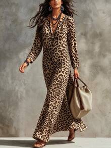Trelyra Gaun Kasual Longgar Wanita Lengan Panjang Leher V Motif Leopard, Musim Gugur - Khaki - View 5