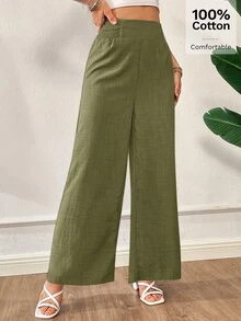 Siren Gaze Women's Solid Color Shirred Waist Wide Leg Loose Long Pants - Army Green - View 4