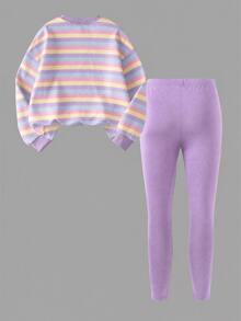 2pcs/Set Girls Casual Comfortable Fashion Versatile Personalized Purple & Pink Striped Floral Print Crew Neck Sweatshirt And Purple Leggings Set, Suitable For All Seasons, Outings, School - Multicolor - View 4