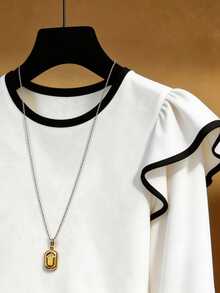 SHEIN Franclia Women's Blouse Slim Fit Shoulder Ruffle Crew Neck Flared Cuff Contrast Trim Elegant White Blouses Tops For Women Elegant Work Tops For Women - White - View 3