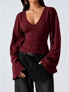 LYSMO Women's Solid Color V-Neck Drop Shoulder Long Sleeve Slim Fit T-Shirt - Burgundy - View 5