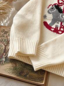 SHEIN Vintaside Kids Toddler Playful Carousel Bow Snowflake Jacquard Round Neck Raglan Sleeve Pullover Knit Sweater - White - View 4