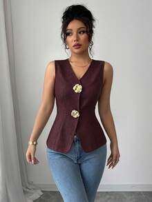 Elenzga Women's V-Neck Fitted Tank Top With Gold Rose Button Decoration On Front - Burgundy - View 5