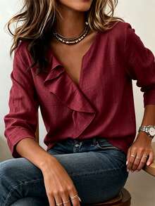 Trelyra Blus Wanita Minimalis dengan Hiasan Rumbai - Burgundy - View 4