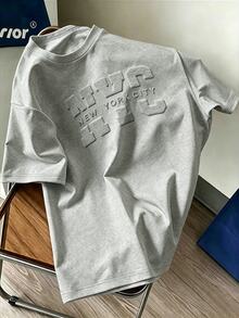 Daypath Men's 3D Embossed Letter Graphic T-Shirt, Drop Shoulder Crew Neck Short Sleeve Tee For Casual Daily Wear And Streetwear - Light Grey - View 7