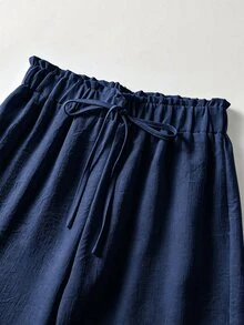 Breezaya Plus Size Women Bohemian Lace Trim Wide Leg Pants, Elastic Drawstring Paperbag Waist Lightweight Linen‑Textured Casual Vacation Daily Long Pants - Multicolor - View 6