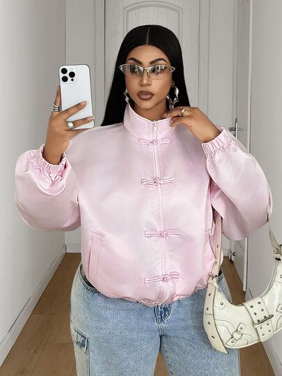 Maweii Damen-Kurzjacke in Große Größen, rosa, lässiger Streetwear im chinesischen Stil mit Frosch-Knöpfen und Stehkragen