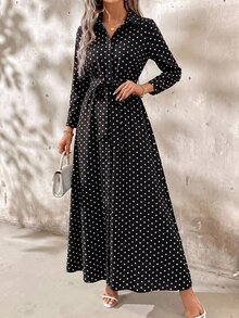 SHEIN Clasi 女款溫柔波點印花長袖度假洋裝 - 黑與白 - 查看 5