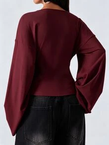 LYSMO Women's Solid Color V-Neck Drop Shoulder Long Sleeve Slim Fit T-Shirt - Burgundy - View 2