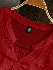 SHEIN LUNE Plus Size Button-Up Embroidered Elegant Fashion Shirt For Dating - Red - View 4