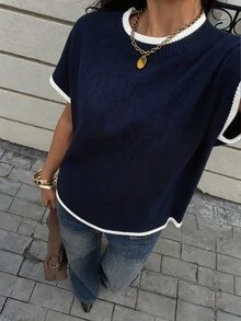 Siren Gaze 女款拼色圓領蝙蝠袖短袖休閒學院風針織上衣 海軍藍與白色 - 藏蓝色 - 查看 6