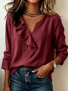 Trelyra Blus Wanita Minimalis dengan Hiasan Rumbai - Burgundy - View 3