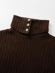 SHEIN Ribbed Knit Vest Featuring Button Embellished Turtleneck. Cropped Sleeveless Cut, Versatile For Laye - Coffee Brown - View 3