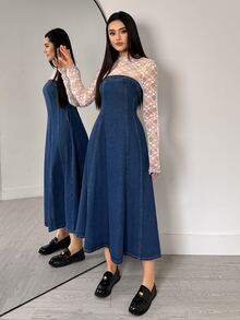 Flexra Fransk vintage midiklänning i djupblå tvättad denim med 3D-segment, midjeformande smickrande design, axelbandslös, mångsidig för pendling - Mediumtvätt - Visa 8