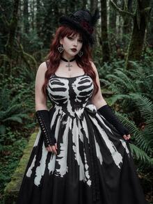 Whyspr Women's Halloween Costume Black & White Contrast Skeleton Print Sleeveless Square Neck A-Line Dress - Black - View 2