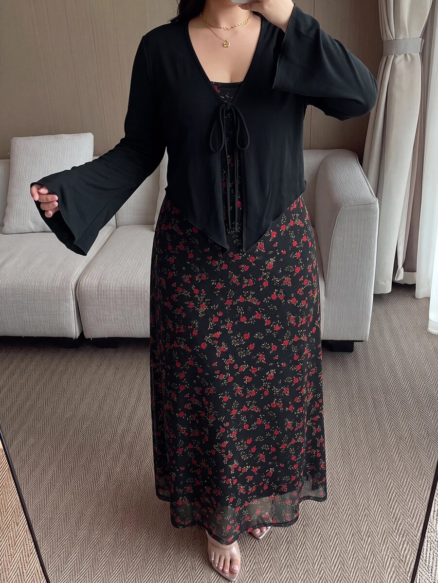 Feyla Bộ 2 món váy dây mảnh in hoa size lớn kèm áo cardigan tay dài - Nhiều màu - Xem 1