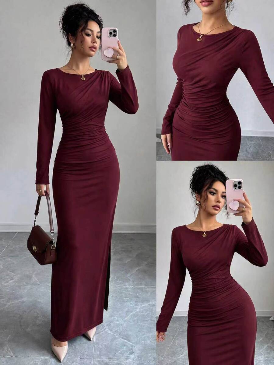 Modelyn Women's Elegant Commute Solid Color Slim Fit Long Dress - Red - View 1