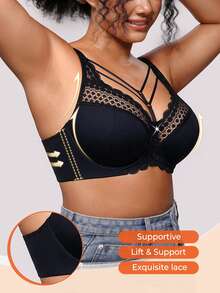 Bareli Dear Plus Size Black Underwire Lace Patchwork Thin Cup Bra, 1pc - Black - View 7