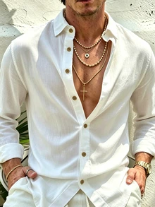 TONEVAULT Men's Solid Color Long Sleeve Single-Breasted Casual Commuter Shirt - White - View 2