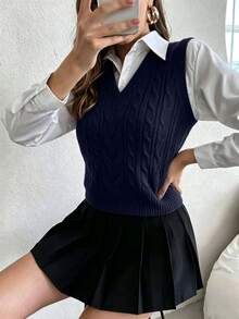 SHEIN PariChic 女款秋冬麻花編織V領休閒百搭針織背心 - 水鴨藍 - 查看 5
