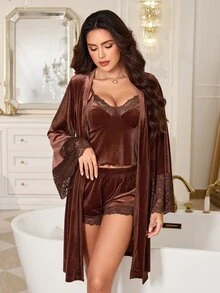 LuxeNights Women's Middle Eastern Elegant Lace Patchwork Brown Velvet Camisole & Shorts 3 PiecesPajama Set - Brown - View 9