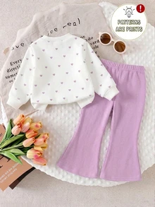 SHEIN 2件組女嬰套裝，秋冬新款全幅愛心印花圓領套頭衛衣 + 蝴蝶結印花喇叭褲，適合秋冬穿著，校園風 - 彩色 - 查看 3
