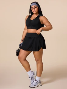 SHEIN Sports Women's Plus Size Solid Color Casual Versatile Daily Travel Sports Skort - Black - View 6