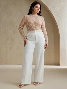 Anewsta Atasan Lengan Panjang Wanita Elegan Warna Beige dengan Bordir dan Manik-manik untuk Musim Gugur/Dingin, Blus Modis Ukuran Besar untuk Tamu Pernikahan, Pesta Koktail, Makan Malam, dan Acara Malam Hari - Aprikot - View 4