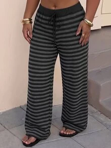 Muchica Dark Gray Striped Casual Plus Size Women's Pants Fall - Dark Grey - View 4