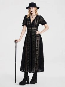 Breakform Gothic  Halloween Women's Black Lace Dark Vintage Single-Breasted Open Front Puff Sleeve Long Sheer Dress (Random Floral Pattern) - Black - View 3