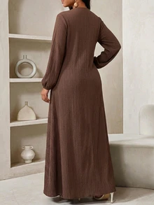 SHEIN Lady 優雅棕色紋理大尺碼連身裙，適合秋季穿著 - 棕色 - 查看 2