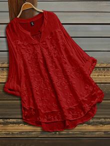 SHEIN LUNE Plus Size Button-Up Embroidered Elegant Fashion Shirt For Dating - Red - View 1
