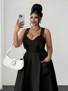 Maweii Fashionable Sexy Charming Metal Buckle Shirred Plus Size Cami Dress, Daily Fashion Dress, New Plus Size Dress - Black - View 2