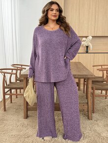 SHEIN CURVE+ 2pcs Plus Size Solid Color Ribbed Crew Neck Long Sleeve Top And Pants Set Fall - Purple - View 6