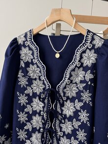 Muvela 女款花卉刺繡圖案休閒日常穿著襯衫 - 藏蓝色 - 查看 3