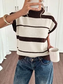 Siren Gaze Women's Striped Batwing Short Sleeve Casual Knit Top - Apricot - View 1