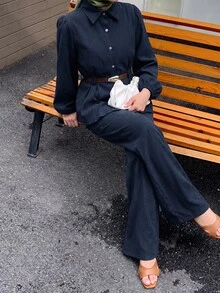 Solavon Women's Button-Up Pleated Long Sleeve Shirt And Loose Long Pants 2 Pieces Set - Navy Blue - View 5