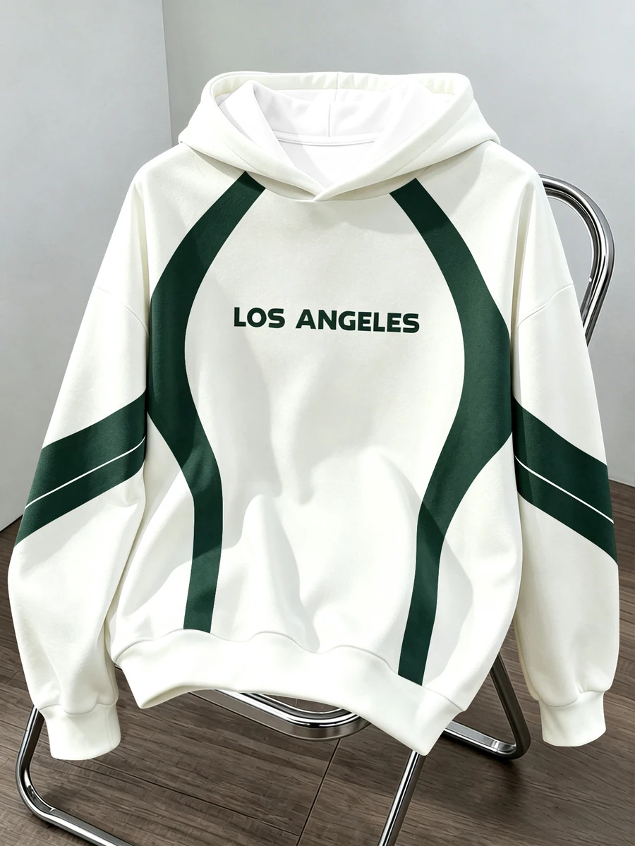 Daypath 男士美式復古 LOS ANGELES 印花拼色連帽衛衣 - 白色 - 查看 1