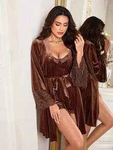 LuxeNights Women's Middle Eastern Elegant Lace Patchwork Brown Velvet Camisole & Shorts 3 PiecesPajama Set - Brown - View 5