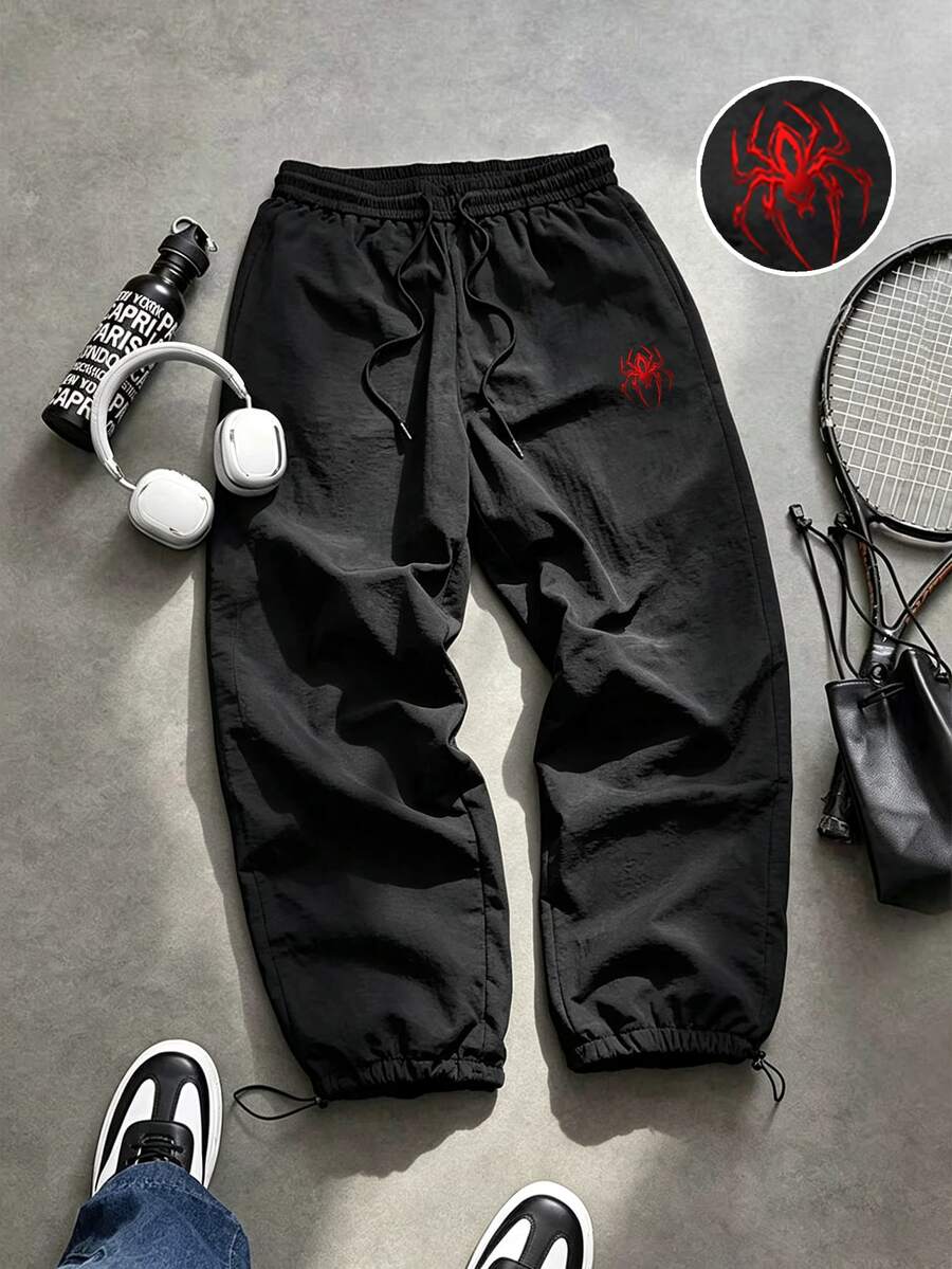 GymBeat Men's Spider Pattern Print Drawstring Waist Sports Long Pants - Black - View 1