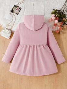 Tween Girl Pink Double-Breasted Hooded Thermal-Lined Jacket, Mid-Waist Ruched A-Line Long Sleeve, Suitable For Daily Casual And Vacation Wear - Baby Pink - View 2