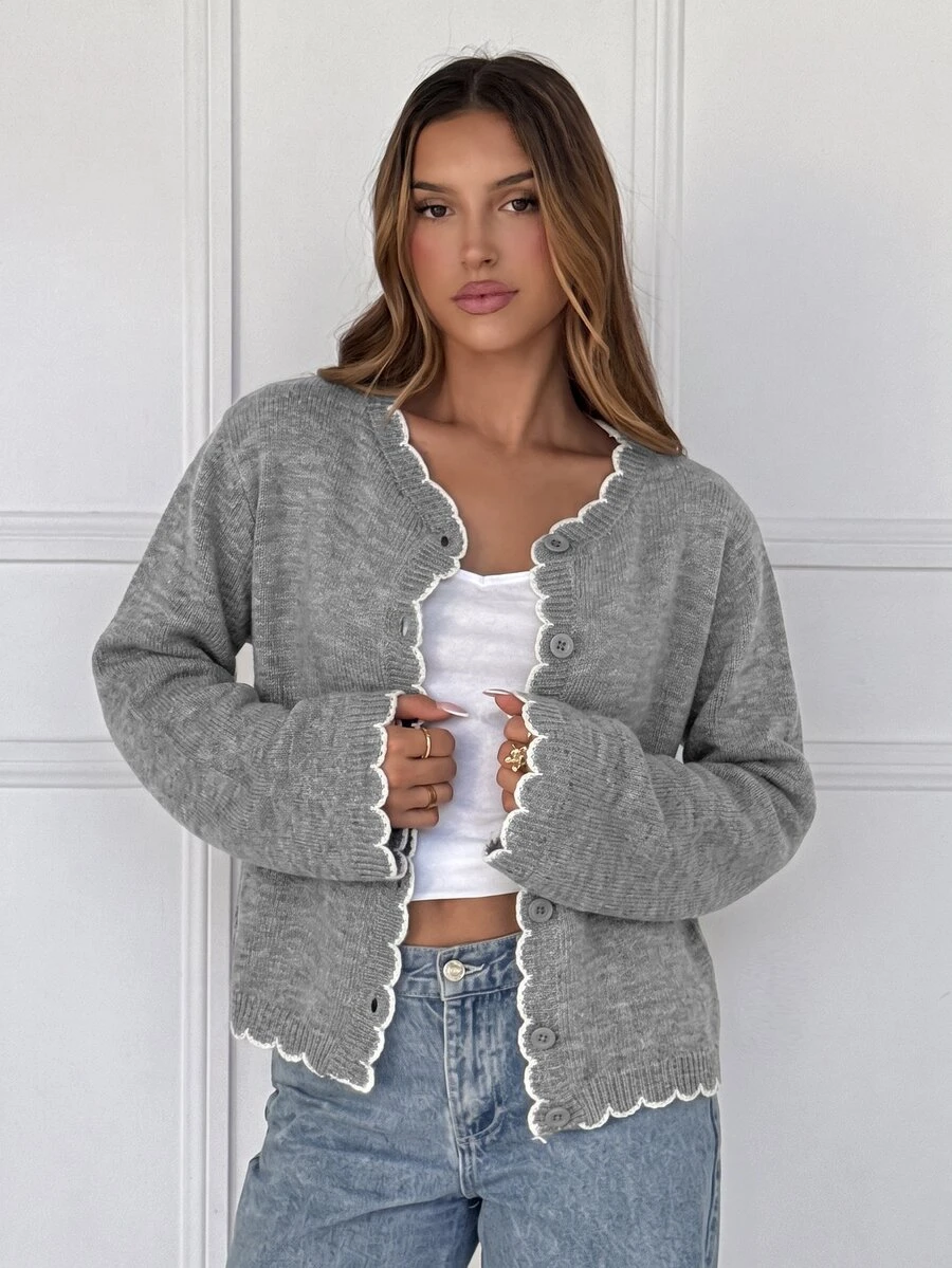 SHEIN EZwear 女款拼色休閒百搭日常穿搭開襟衫 - 淺灰色 - 查看 1
