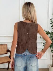 Easowa Spring/Summer Brown Floral Embroidered Sleeveless Round Neck Women's Blouse, Back Button, Casual 70s Boho Vacation, Music Festival, Brunch - Mocha Brown - View 2