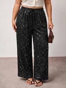 Hourglow Plus Size Drawstring Waist Sequin Fashion Straight Leg Loose Fit Long Pants - Black - View 4
