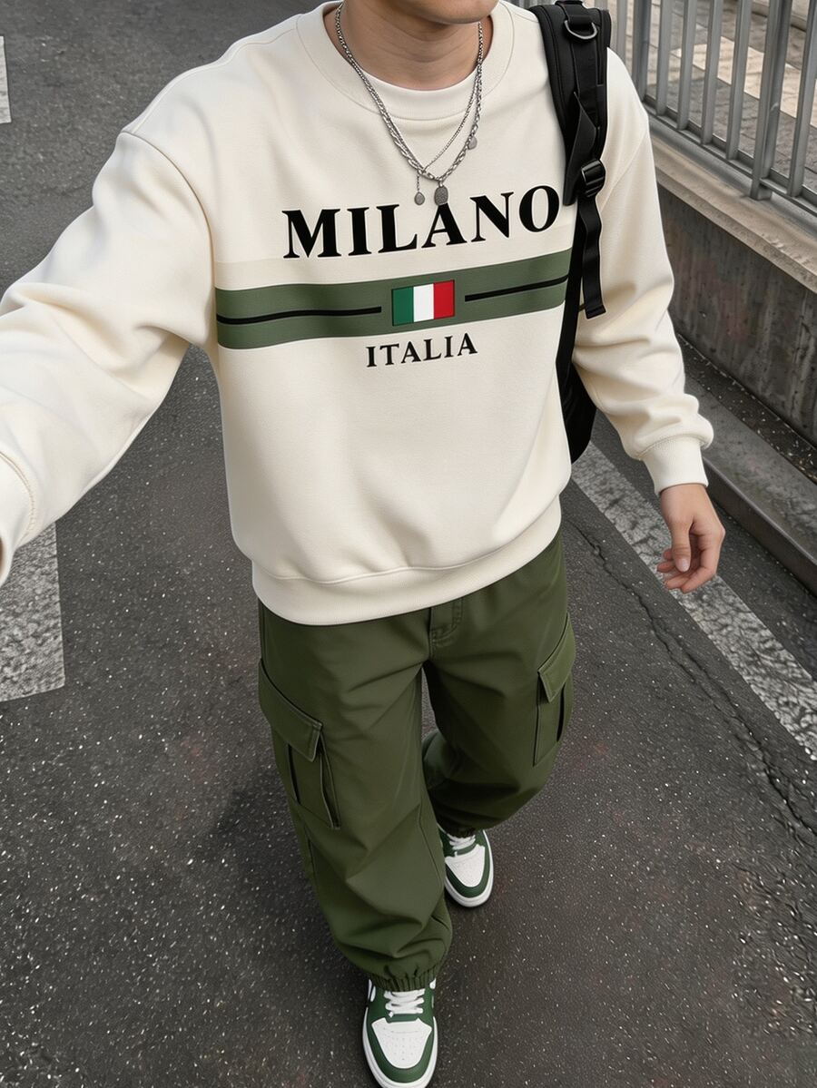 2件組青少年男孩時尚簡約舒適圓領衛衣與工裝褲套裝,酷炫滿版印花圖案設計,英文標語圖案印花設計,適合假期派對,休閒舒適,5-15°男孩春/秋/冬首選,春/秋/冬街頭休閒穿搭 - 彩色 - 查看 1