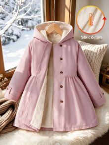 Tween Girl Pink Double-Breasted Hooded Thermal-Lined Jacket, Mid-Waist Ruched A-Line Long Sleeve, Suitable For Daily Casual And Vacation Wear - Baby Pink - View 3
