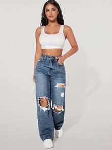Jeanoix Plus Size Fashion Button Pocket Distressed Sexy Denim Jeans - Dark Wash - View 5
