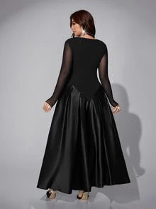 Viva Relle Plus-Size Women's Net Long-Sleeve Gathered A-Line Party Dress - Black - View 6
